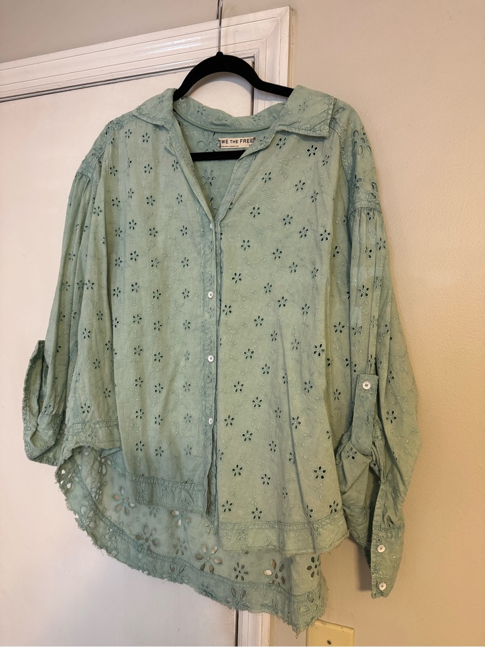 Free People Mint Green Eyelet Button Down Shirt